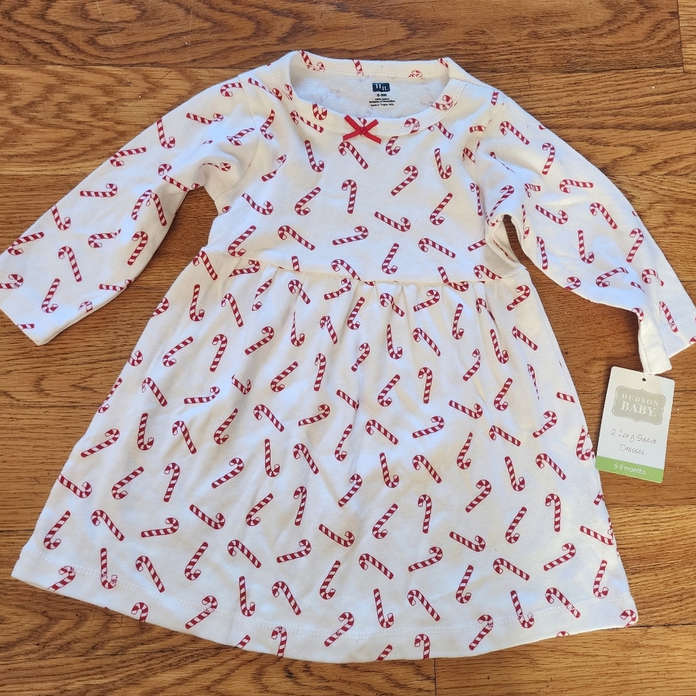 NWT Girls Hudson Baby Candy Cane Christmas long sleeve Cotton Dress 6-9M